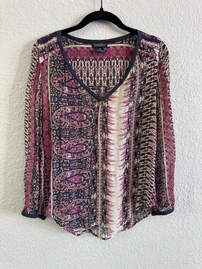 Lucky Brand Boho Peasant Blouse Mixed Print Paisley Sheer Festival Top XS